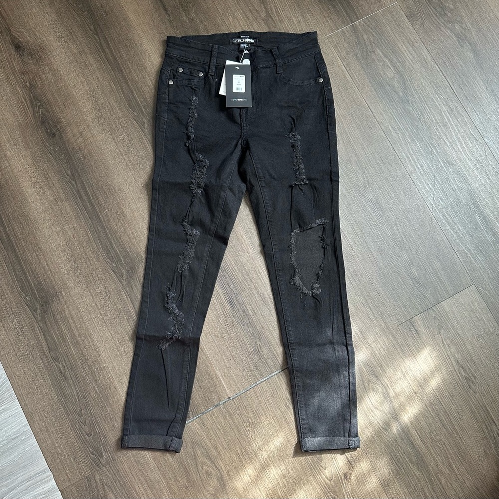 Fashion Nova Fool For You Distressed Ripped Black Skinny Jeans